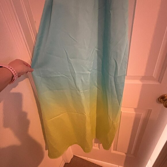 FOREVER UNIQUE Blue & Lime Ombre Satin Maxi Dress/Gown w/ Twist Front Size 2 New - Picture 2 of 16